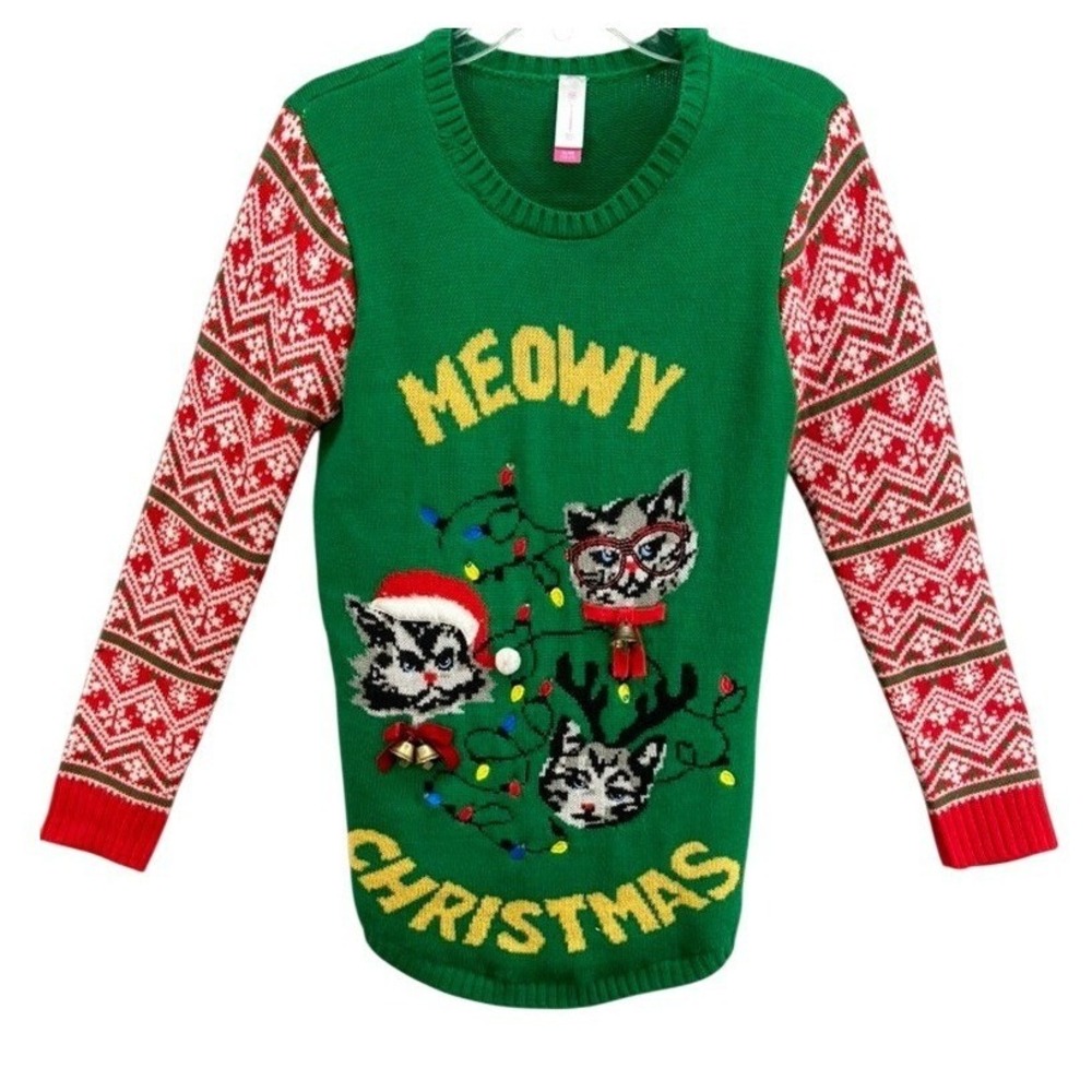 No Boundaries Meowy Christmas Cat Ugly Sweater Sz XL Green Red Fair Isle